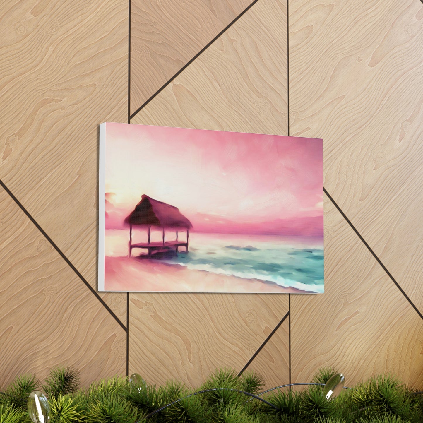 Pink Sunset, Beach Hut, Beach wall art, Sunset art, ocean art, Canvas Gallery Wraps