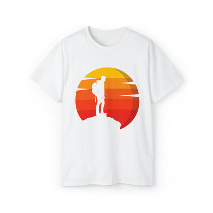 Hiker Sunset Silhouette | Hiking & Camping Tee | Nature-Inspired Outdoor Apparel White