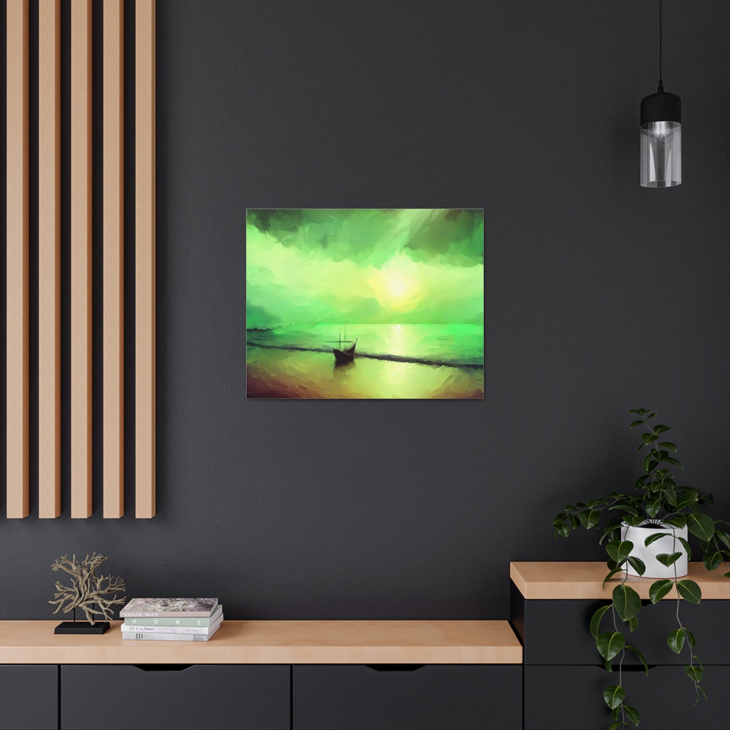 Sailboat Beach, Green Sunset, Beach wall art, sunset art, ocean art, Canvas Gallery Wraps