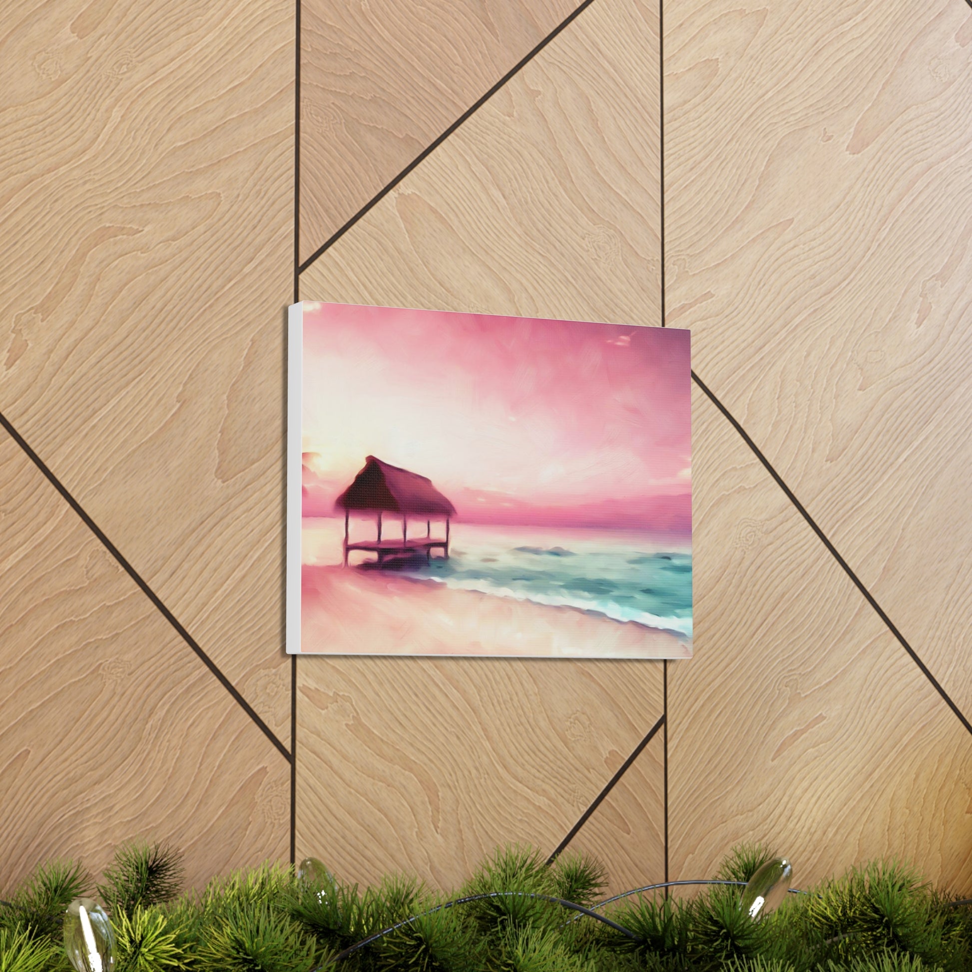 Pink Sunset, Beach Hut, Beach wall art, Sunset art, ocean art, Canvas Gallery Wraps