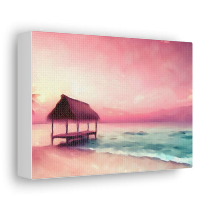 Pink Sunset, Beach Hut, Beach wall art, Sunset art, ocean art, Canvas Gallery Wraps