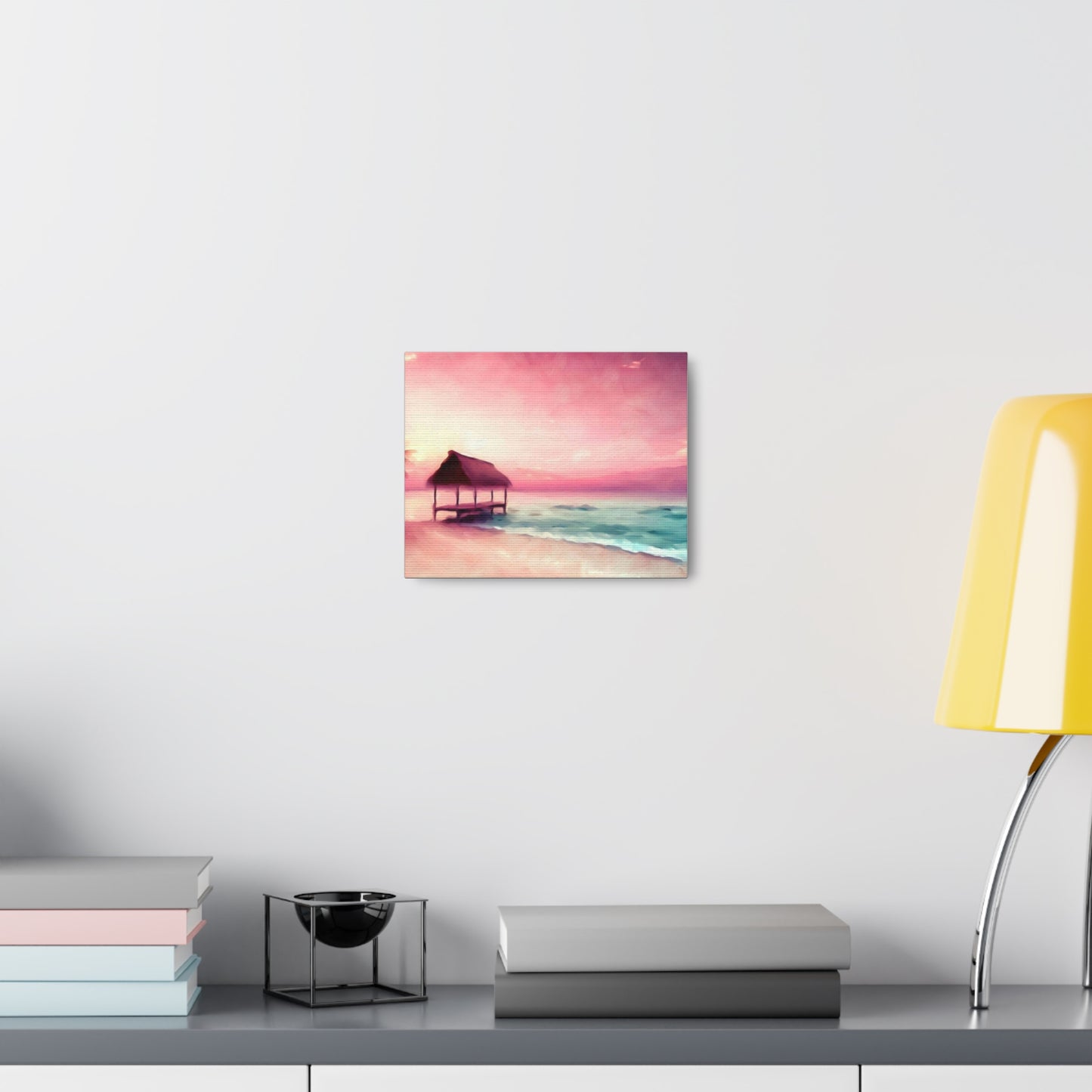 Pink Sunset, Beach Hut, Beach wall art, Sunset art, ocean art, Canvas Gallery Wraps