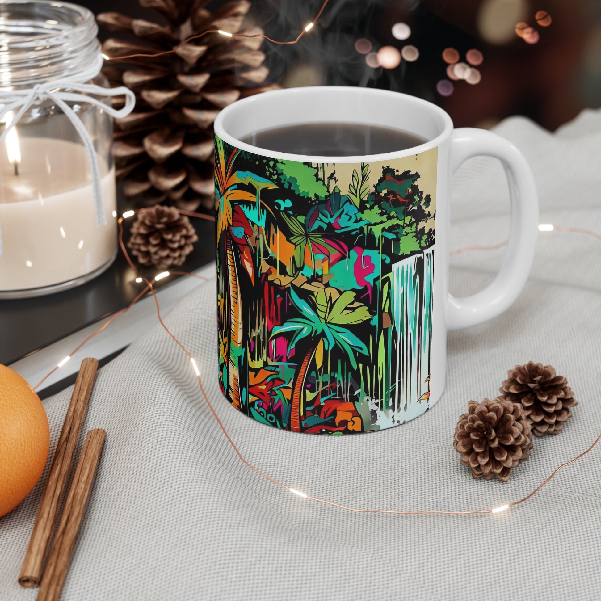 Jungle Waterfall, Personalized Mug Designs, Creative Coffee Cups, Unique Mug Artwork, Printed Coffee Mugs, Artist-Designed Mugs