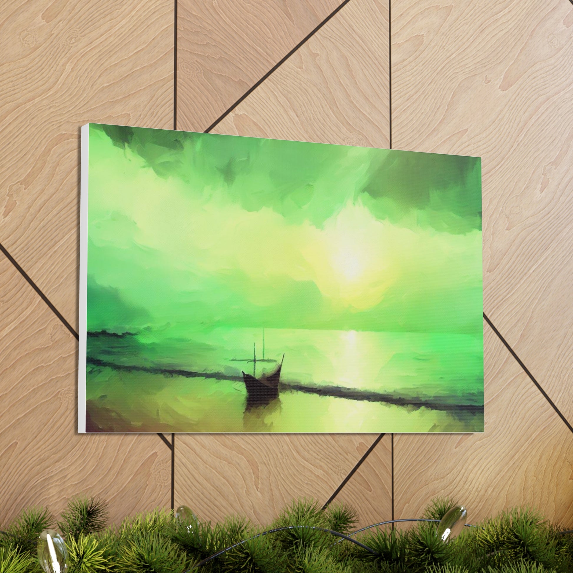 Sailboat Beach, Green Sunset, Beach wall art, sunset art, ocean art, Canvas Gallery Wraps