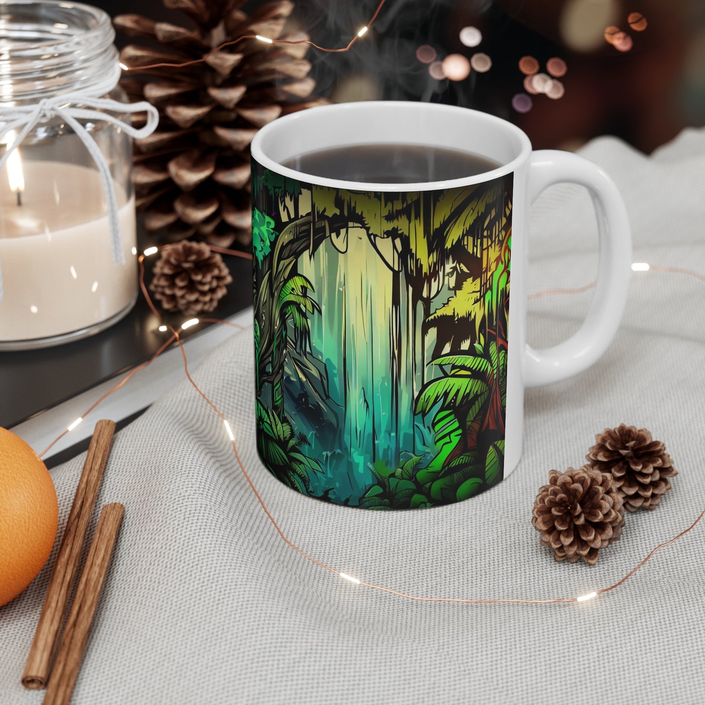 Jungle Mug, Graffiti Mug, Personalized Mug Designs, Creative Coffee Cups, Unique Mug Artwork, Printed Coffee Mugs, Artist-Designed Mugs