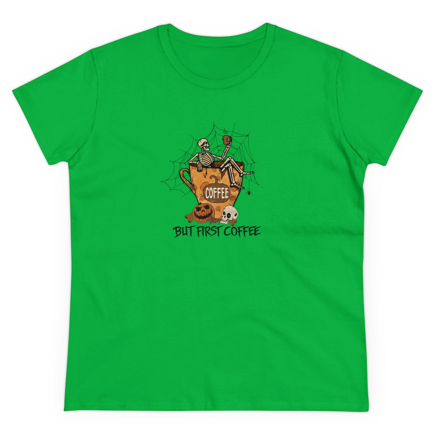 Coffee First, Skeleton Coffee, Halloween Graphic Shirts, Spooky Halloween Shirts, Scary Halloween Shirt Designs, Cute Halloween Graphic Tees, Funny Halloween Shirt Ideas Irish Green