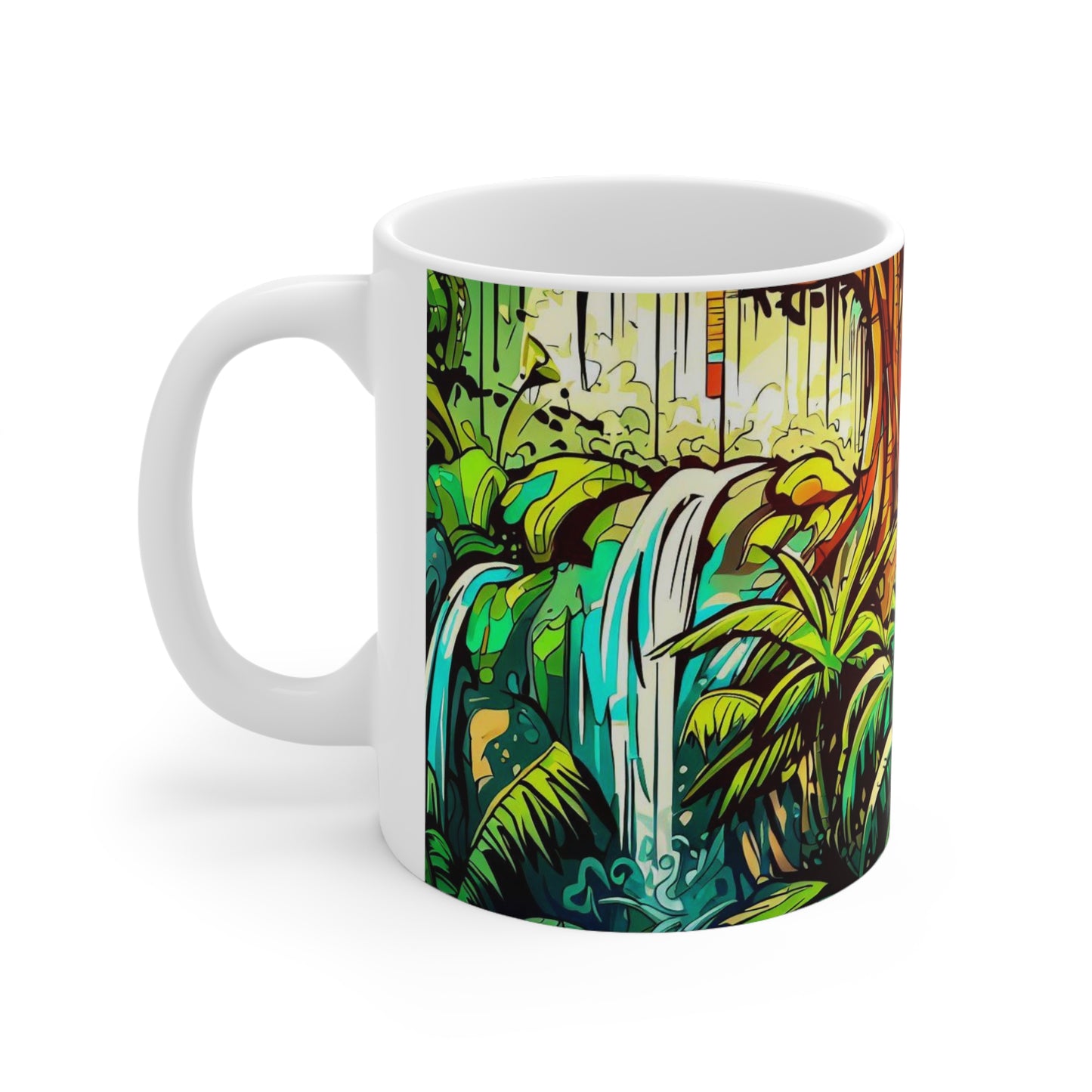 Jungle Waterfall, Personalized Mug Designs, Creative Coffee Cups, Unique Mug Artwork, Printed Coffee Mugs, Artist-Designed Mugs 11oz