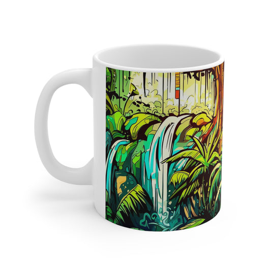 Jungle Waterfall, Personalized Mug Designs, Creative Coffee Cups, Unique Mug Artwork, Printed Coffee Mugs, Artist-Designed Mugs - SaviTraviDesigns