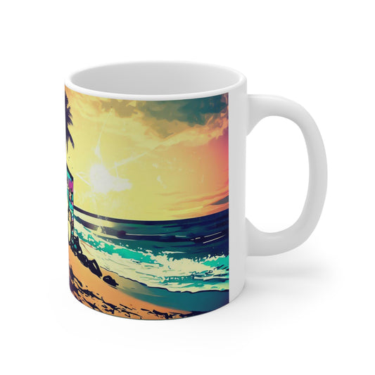 Sunset Mug, Beach Hut, Personalized Mug Designs, Creative Coffee Cups, Unique Mug Artwork, Printed Coffee Mugs, Artist-Designed Mugs - SaviTraviDesigns