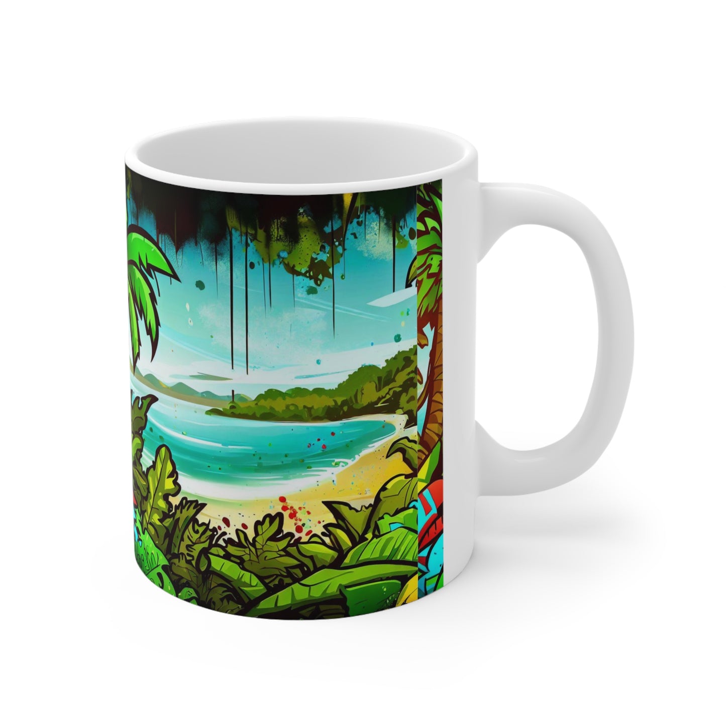 Beach Mug, Graffiti Mug, Personalized Mug Designs, Creative Coffee Cups, Unique Mug Artwork, Printed Coffee Mugs, Artist-Designed Mugs