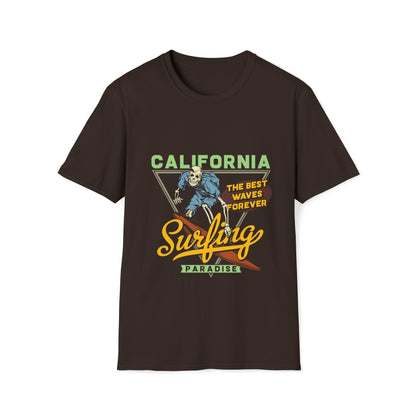 California Surfing Paradise, Beachwear Graphics, Tropical T-Shirt Designs, Ocean-Inspired Shirts, Surfing Graphics, Sun and Sand Apparel, Summer Wardrobe Essentials - SaviTraviDesigns