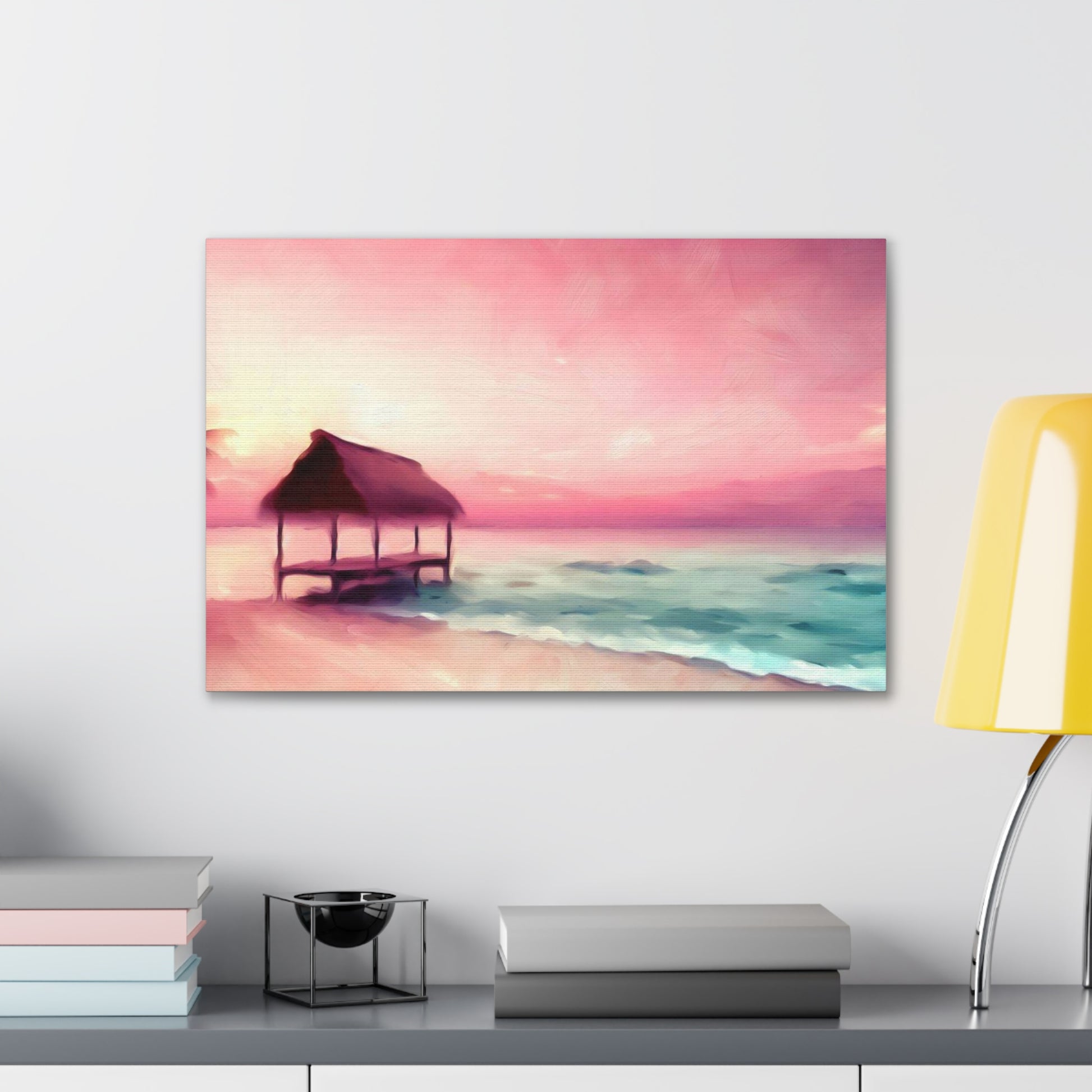 Pink Sunset, Beach Hut, Beach wall art, Sunset art, ocean art, Canvas Gallery Wraps