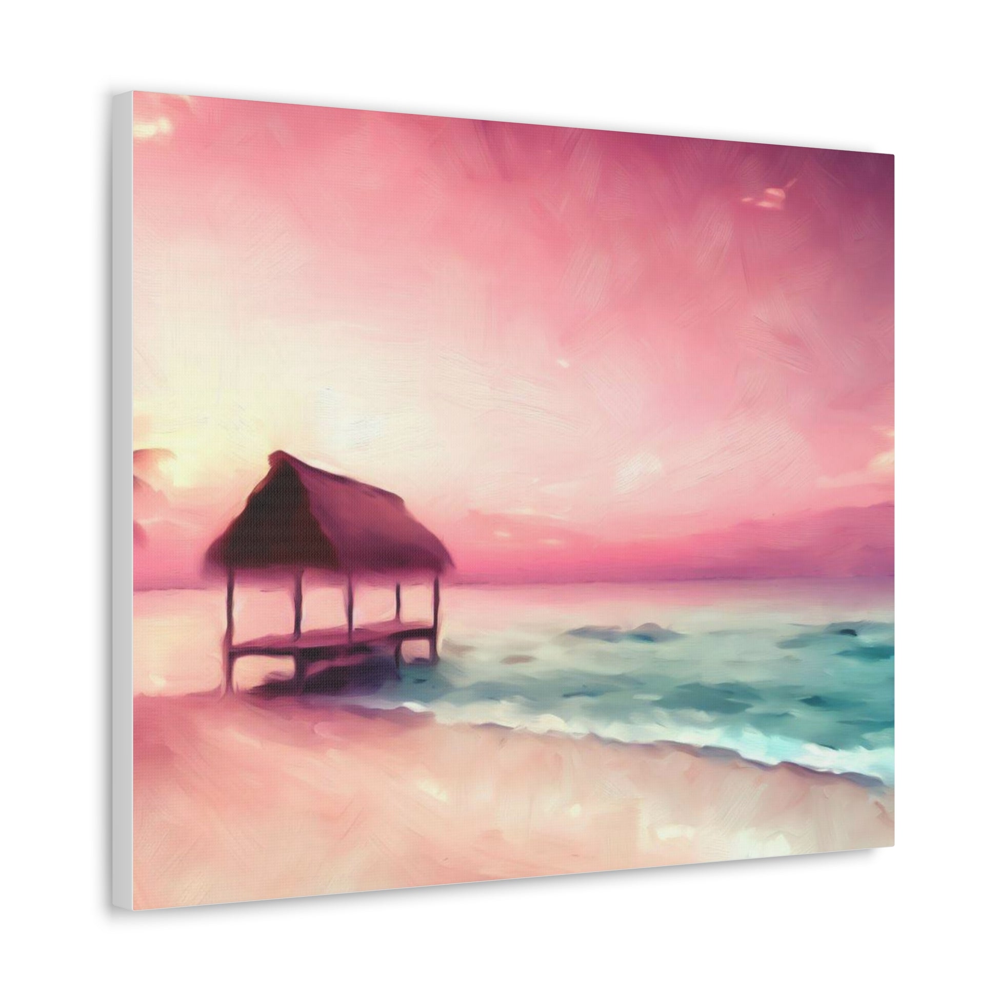 Pink Sunset, Beach Hut, Beach wall art, Sunset art, ocean art, Canvas Gallery Wraps