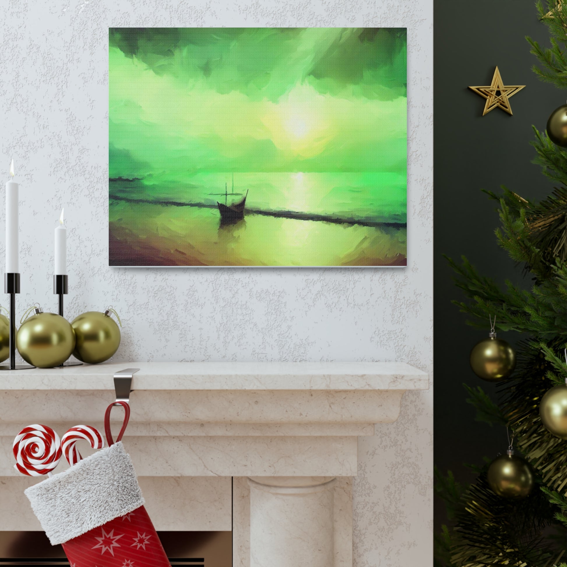 Sailboat Beach, Green Sunset, Beach wall art, sunset art, ocean art, Canvas Gallery Wraps