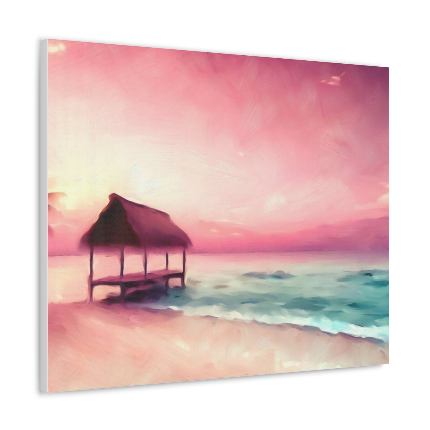 Pink Sunset, Beach Hut, Beach wall art, Sunset art, ocean art, Canvas Gallery Wraps