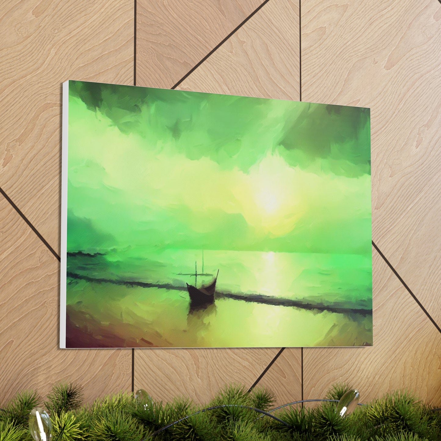 Sailboat Beach, Green Sunset, Beach wall art, sunset art, ocean art, Canvas Gallery Wraps