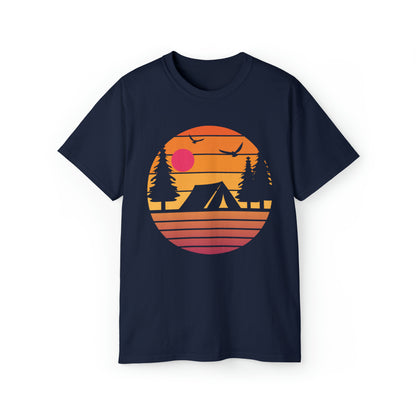 Sunset Camping Silhouette | Hiking & Camping Tee | Nature-Inspired Outdoor Apparel Navy