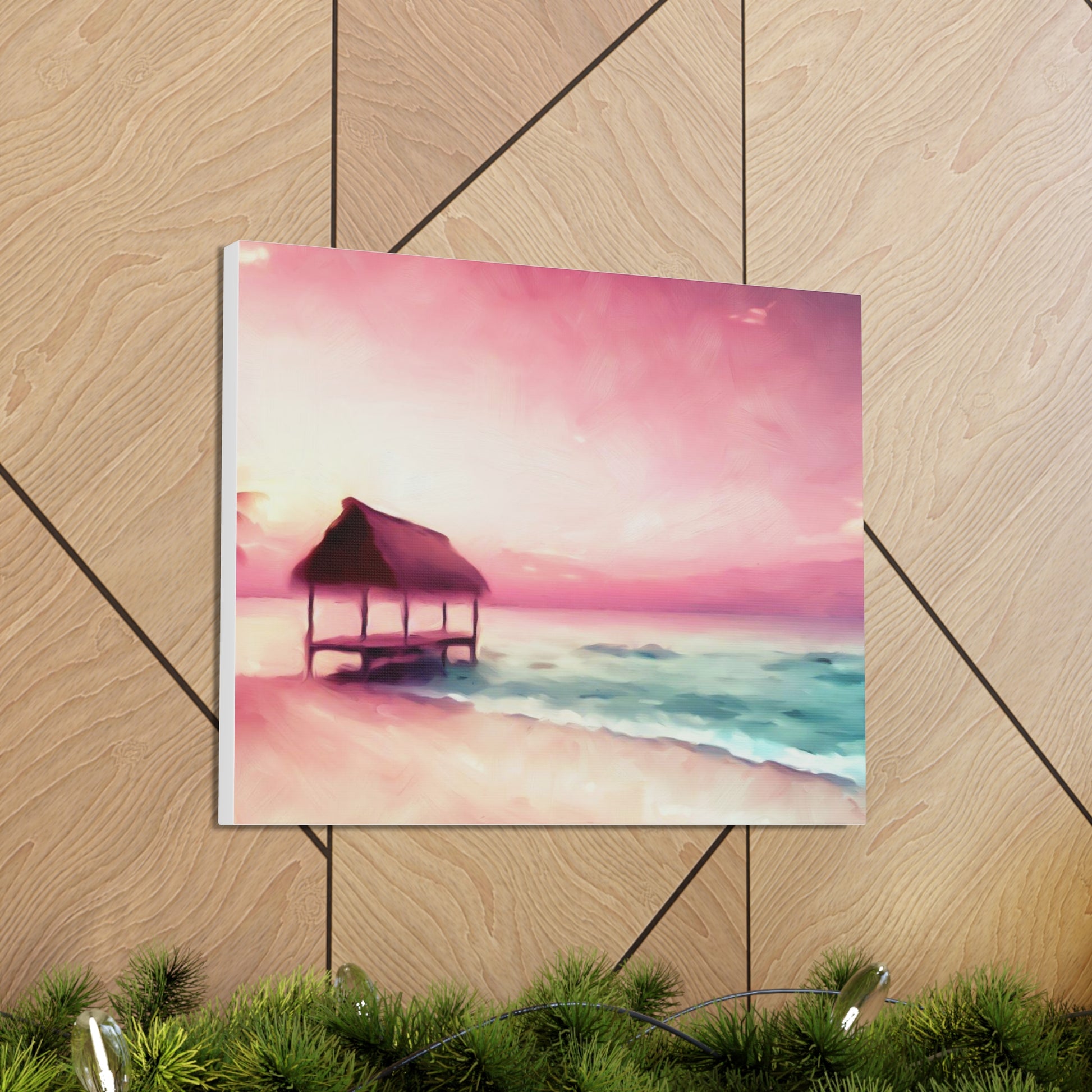 Pink Sunset, Beach Hut, Beach wall art, Sunset art, ocean art, Canvas Gallery Wraps