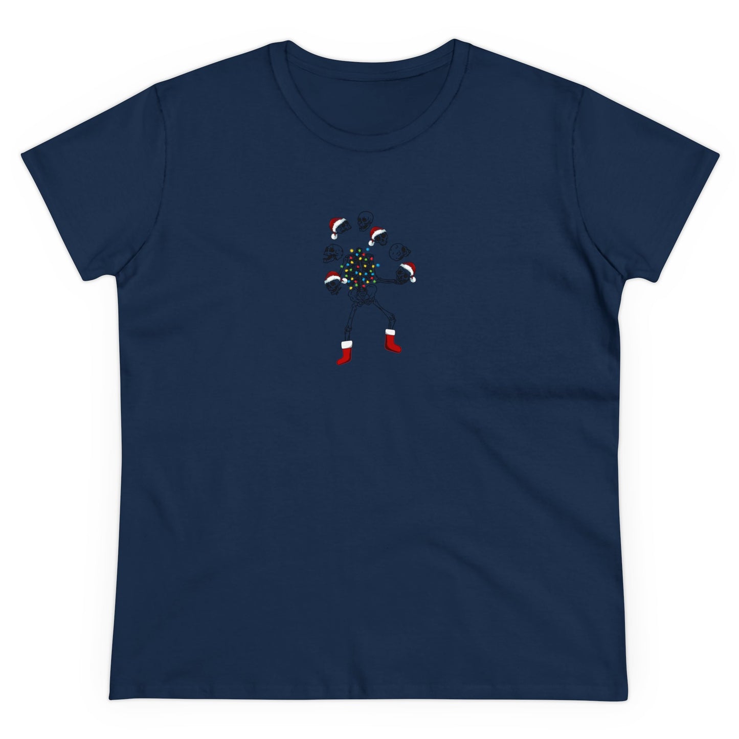 Juggling Santa, Skeleton Santa, Skeleton Christmas, Christmas Graphic Shirts, Festive Holiday T-Shirts, Ugly Christmas Sweater Tees, Funny Christmas Shirt Designs, Cute Xmas Graphic Tees Navy