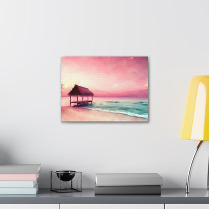 Pink Sunset, Beach Hut, Beach wall art, Sunset art, ocean art, Canvas Gallery Wraps