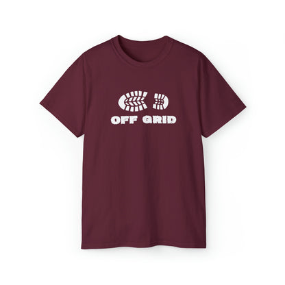 Off Grid Boot Print | Hiking & Camping Tee | Nature-Inspired Outdoor Apparel Maroon