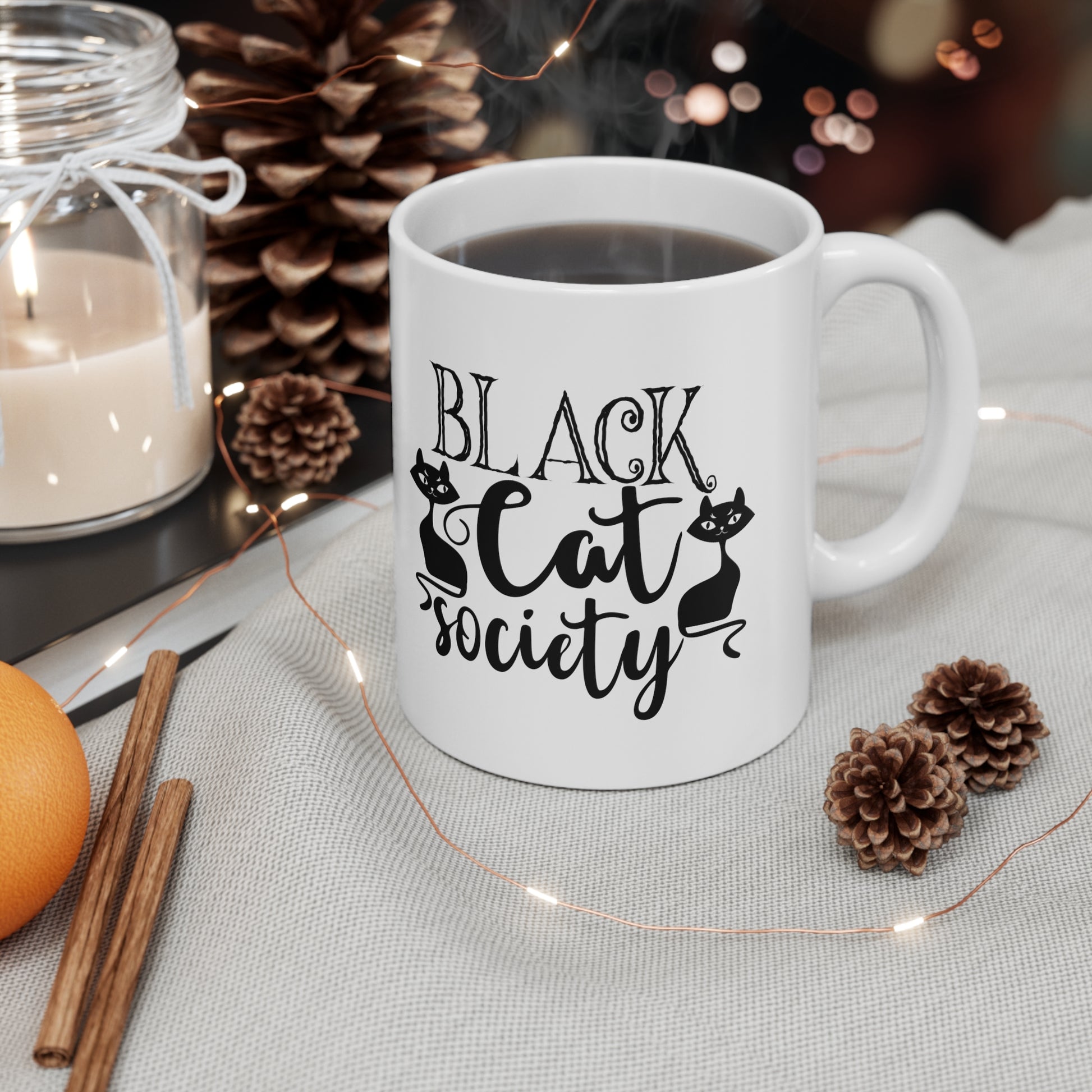 Black Cat Society, Personalized Mug Designs, Creative Coffee Cups, Unique Mug Artwork, Printed Coffee Mugs, Artist-Designed Mugs