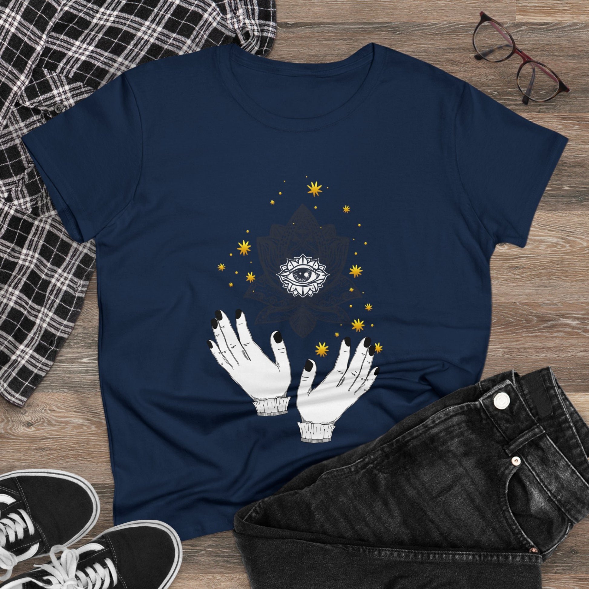 Meditation T-Shirts, Yoga Graphic Tees, Mindfulness Apparel, Zen T-Shirts, Spiritual Shirts, Chakra Tees, Womens T-Shirt Navy