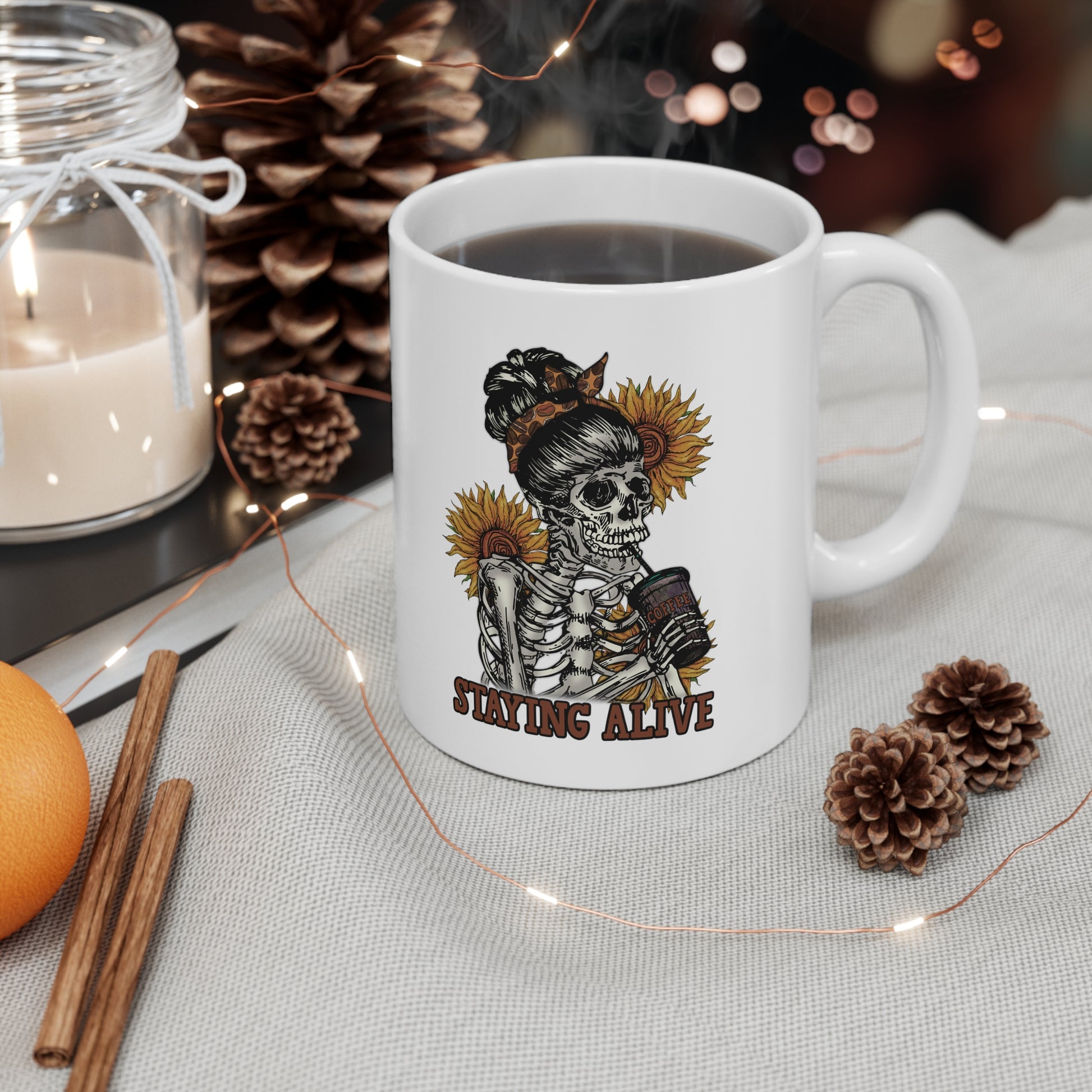 Staying Alive, Personalized Mug Designs, Creative Coffee Cups, Unique Mug Artwork, Printed Coffee Mugs, Artist-Designed Mugs