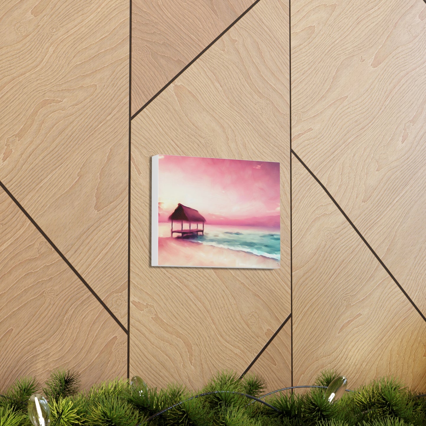 Pink Sunset, Beach Hut, Beach wall art, Sunset art, ocean art, Canvas Gallery Wraps