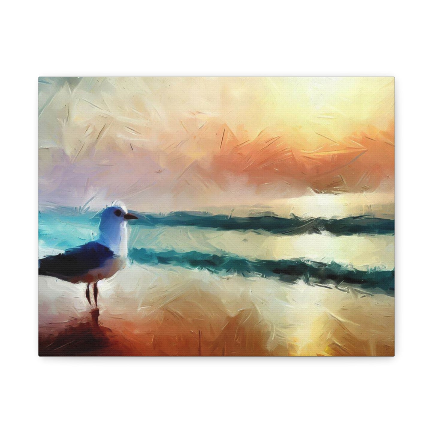 Sunset wall art, beach wall art, ocean art, Canvas Gallery Wraps, Seagull Beach 14″ x 11″ Premium Gallery Wraps (1.25″)