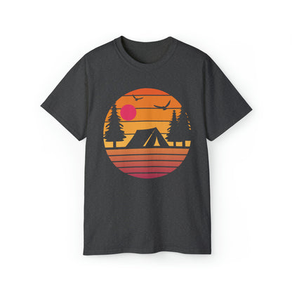 Sunset Camping Silhouette | Hiking & Camping Tee | Nature-Inspired Outdoor Apparel Dark Heather