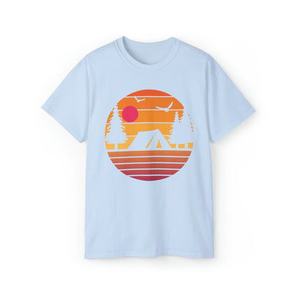 Sunset Camping Silhouette | Hiking & Camping Tee | Nature-Inspired Outdoor Apparel Light Blue