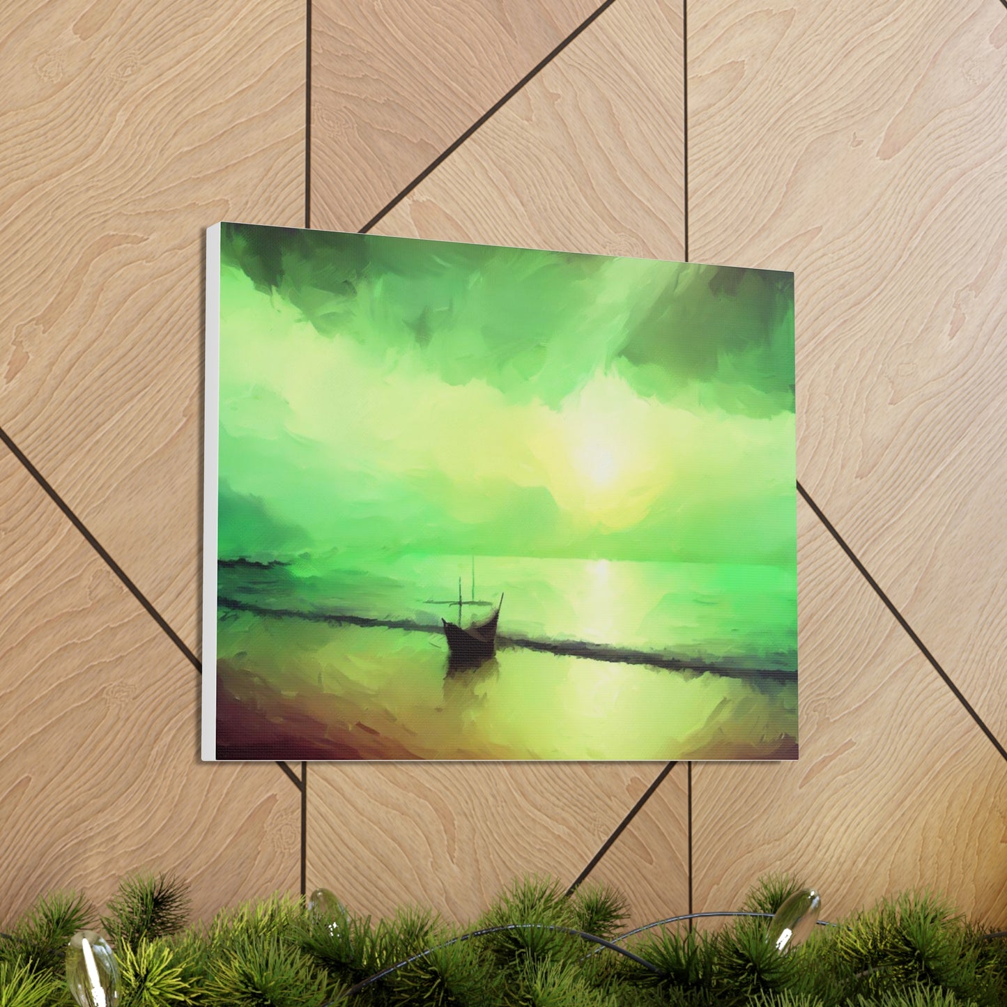 Sailboat Beach, Green Sunset, Beach wall art, sunset art, ocean art, Canvas Gallery Wraps